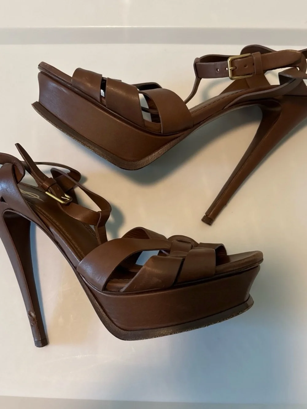 Vintage Y2K Yves Saint Laurent Brown Leather Knot-Strap Heeled Sandals